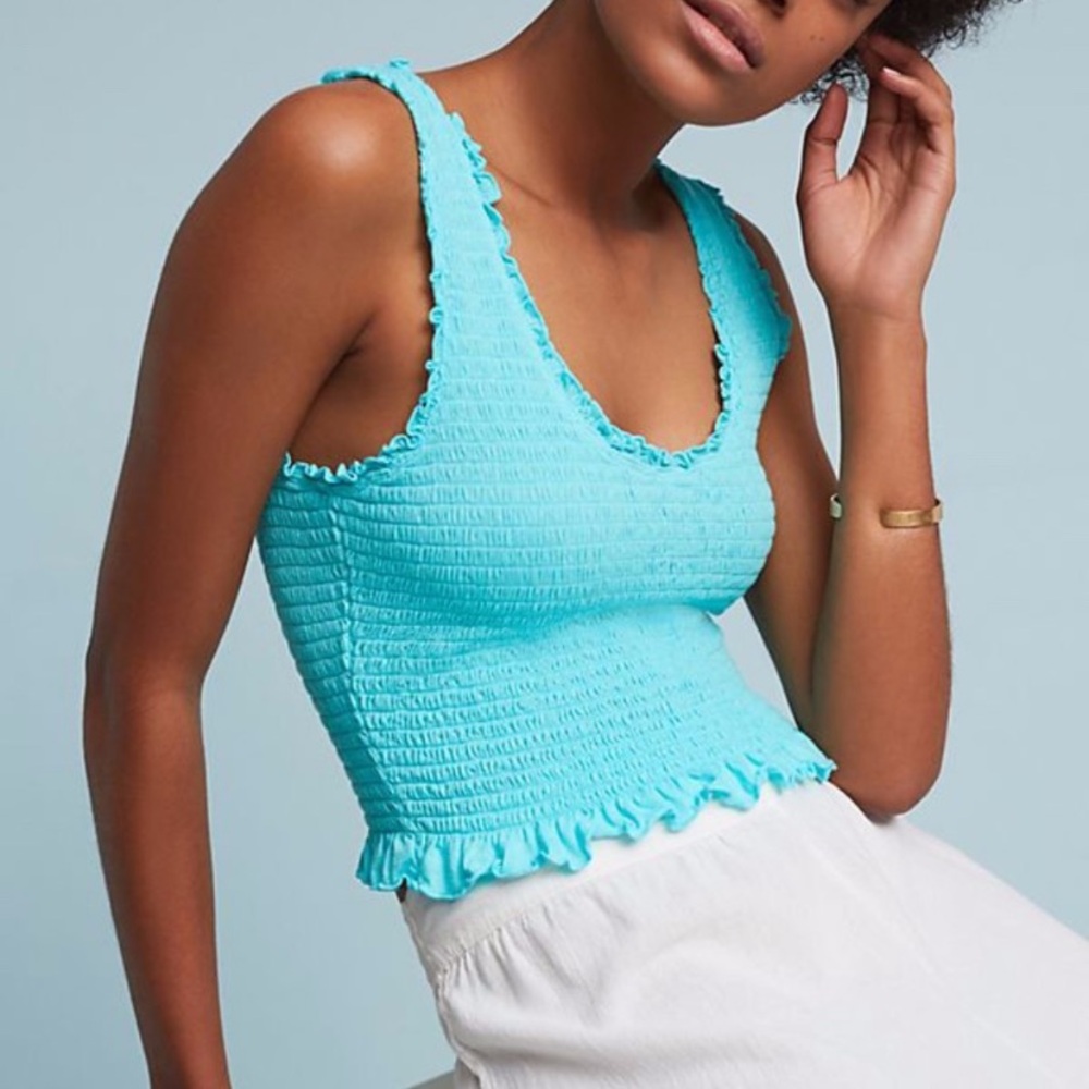 Anthropologie NWT Floreat 'Ruffled Crop Tank' Aqua Blue S smocked